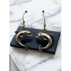 Vintage Sterling Silver Dolphin Dangle Earrings Beach Marine Fish 925